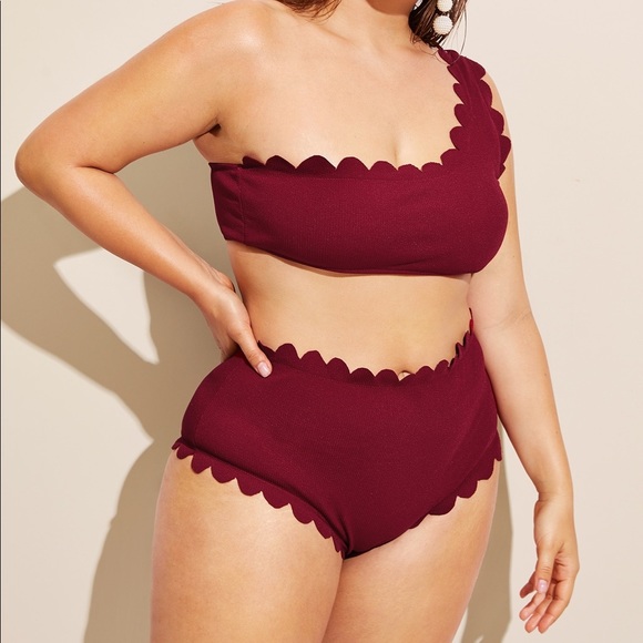 Plus Size High Waist Scalloped One Shoulder Bikini - Picture 3 of 5
